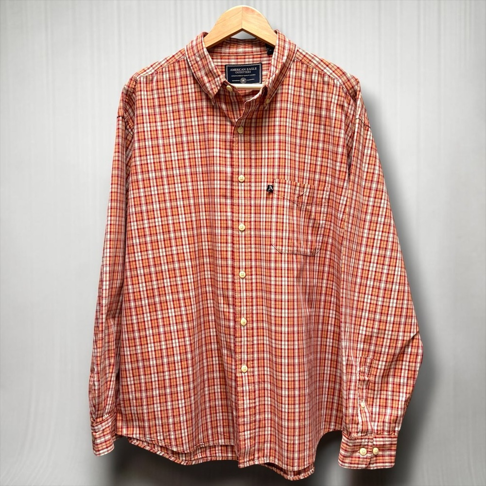 American Eagle Outfitters Mens XL Plaid Button Down Shirt Orange Red Cotton